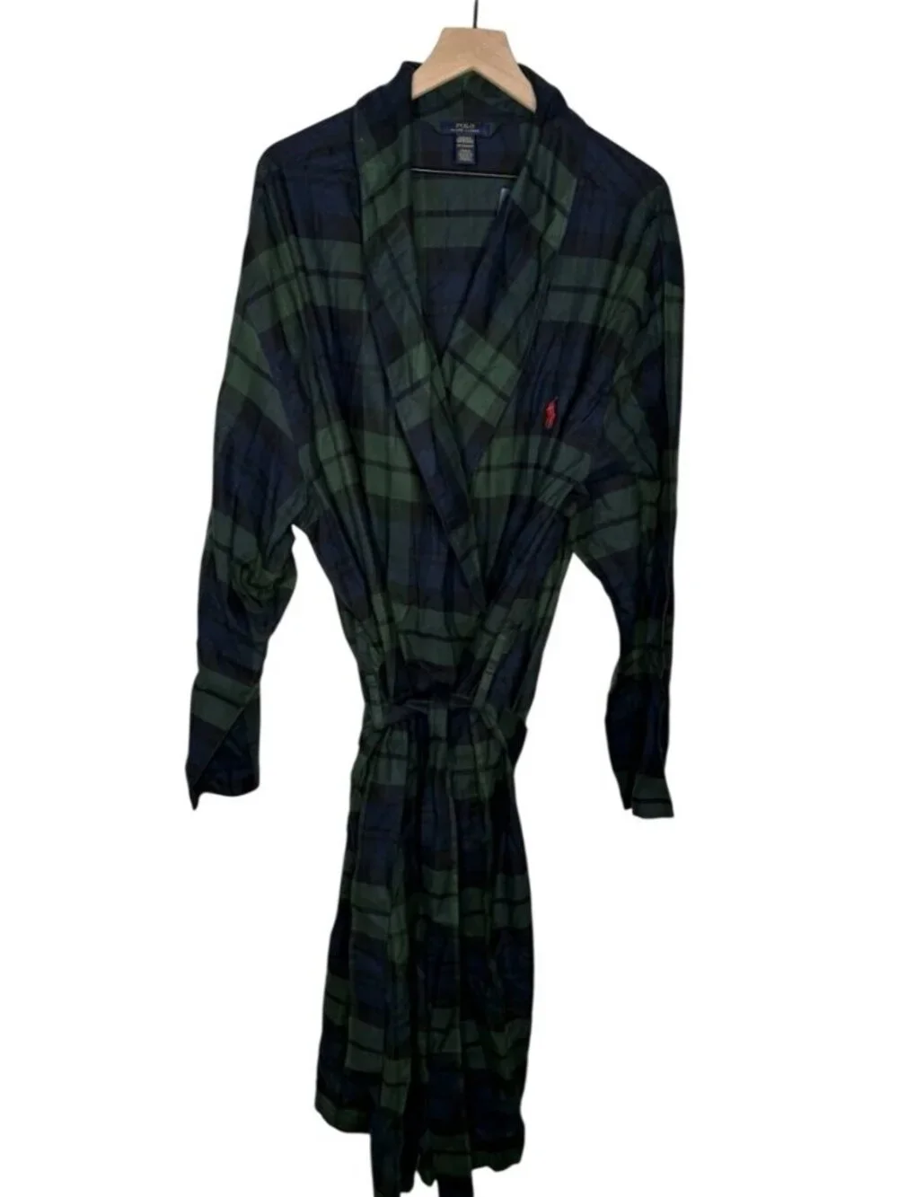 Polo Ralph Lauren Plaid Cotton Robe L/XL Green Navy Belted Long Sleeves Men's